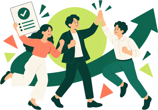 診断レポートを受け取って喜ぶ 3 人のイラスト